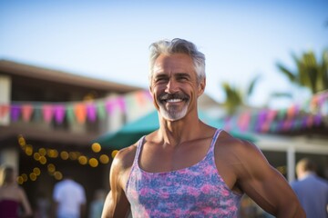 Canvas Print - Portrait of senior man in sportswear smiling at camera at beach