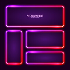 Wall Mural - Glowing neon banners, illuminated colorful square frames. Shiny vibrant border, glow effect. Purple vintage retro lights, night illumination. Modern futuristic UI design elements. Vector illustration
