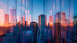 An early morning panoramic skyline where buildings with reflective glass windows capture the serene blue of the dawn sky.