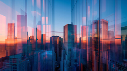 Wall Mural - An early morning panoramic skyline where buildings with reflective glass windows capture the serene blue of the dawn sky.