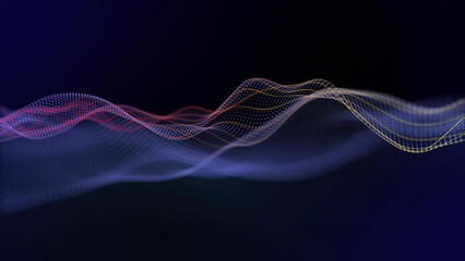 Wall Mural - seamless loop background with abstract waveform made of blue particles and orange yellow curvy lines