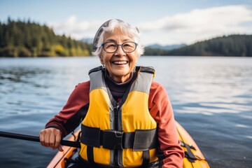 Sticker - Happy senior woman paddling a kayak on a lake in the mountains