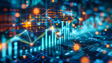 Wall Mural - Digital technology in business and finance, illustrating stock trading and market analysis with futuristic graphs and data