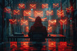 A conceptual image of a hackers silhouette reflected on a computer screen displaying an email inbox with several messages marked as threats hinting at the unseen adversaries in cyberspace