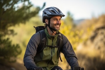 Wall Mural - Portrait of a happy male mountain biker riding his bicycle in the countryside