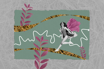 Poster - Collage artwork image of attractive gorgeous woman running fast in stylish clothes sexy bodysuit isolated on drawing background