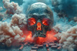 A skull emerging from a mist of deadly gases with an array of pharmaceuticals and chemical reagents scattered around symbolizing the dark side of medical experimentation