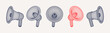 © Oleg - Loudspeakers collection wire frame. 3d wireframe mesh megaphones collection on white background. Futuristic announcements, promotion, advertisements, cyber marketing isolated vector design elements.
