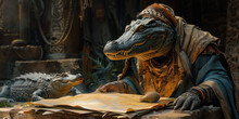 An Alligator Warrior Examining A Map Made Of Skins And Bones Surrounded By Artifacts That Guide The Path To A Legendary Power Source