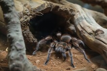 Tarantula In A Secure Glass Tank With Substrate And A Hiding Log