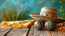 A Classic Sombrero With Maracas And A Colorful Sash On A Rustic Table.