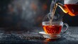 © Aliaksandra - Hot Rooibos tea being poured from teapot into glass cup against dark backdrop