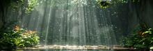 Abstract Podium Display Rain Forest With Trees And Water Fall Mock Up Design, Monsoon Rain Forest , 


