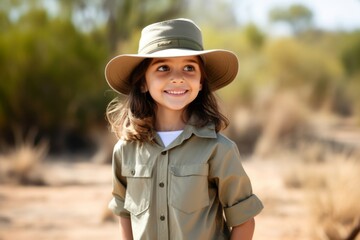 Canvas Print - Portrait of a cute little girl wearing safari hat in the desert