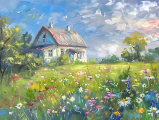 Wall Mural - Oil painting, A picturesque cottage in a field of wildflowers, with a color palette inspired by daisies, sunflowers, and gentle blues. Impressionism, vintage 