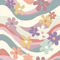 Poster - pastel colors in a retro wave design that can be tiled with 60's style retro simple flowers on a white back ground. Seamless pattern
