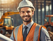 Smiling male construction worker with helmet and reflective vest holding plans at a construction site.