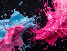 Pink And Light Blue Watercolors Collide With Each Other And Splash In Front Of The Dark-colored Background. Wallpaper, Strawberry And Blueberry Drinks, Watercolors. AI Generated.
