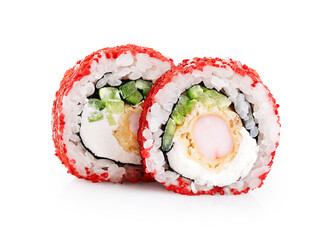 Canvas Print - Maki roll with shrimp, cucumber, cream cheese and caviar isolated on white background. With clipping path.