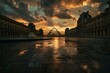 Sunset at the Louvre Pyramid in Paris, depicting the historic and romantic essence of the city with a dramatic evening sky
