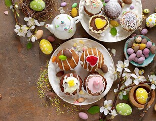 Wall Mural - Easter desserts table. Sweet easter holiday concept with holiday decorations.