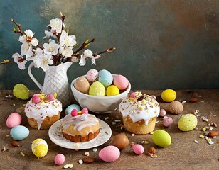 Wall Mural - Easter desserts table. Sweet easter holiday concept with holiday decorations.