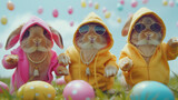 Fototapeta  - Three furry friends don festive hoods and shades, poised for hoppy Easter adventures