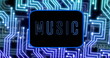 Image of music text, data processing over computer circuit board