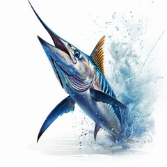 Wall Mural - Detailed illustration of a blue marlin swordfish jumping out of the ocean isolated on a white background, Generative AI