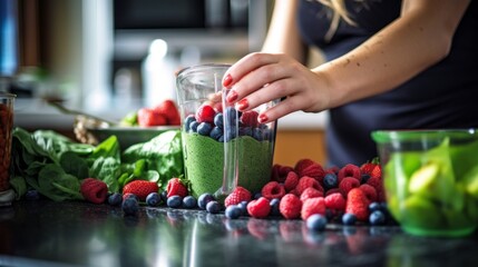 Wall Mural - Cropped photo of women's hands mixing spinach, raspberries and blueberries to make a healthy green smoothie in the kitchen. Healthy lifestyle, Healthy food, Food for weight loss and vitamins.