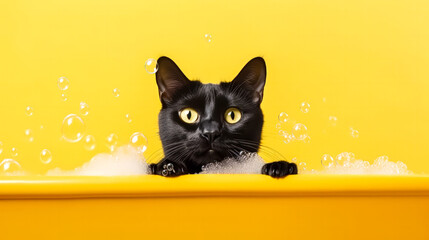 Wall Mural - A charming black cat sits in a bathtub surrounded by soap bubbles