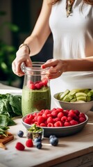 Wall Mural - Close-up of a woman mixing greens, vegetables and berries to make a healthy green smoothie in the morning in the kitchen. Breakfast, Healthy lifestyle, Healthy food concepts.