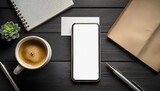 Fototapeta Konie - Aesthetic Mockup Image of Mobile Phone Two Smartphone on Wood Black Table Agenda Pencil and Coffee and Business Card