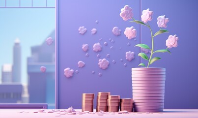 Canvas Print - A vase with pink flowers and coins on a table. Generative AI.