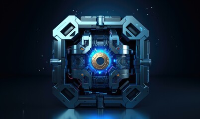 A futuristic looking machine with a blue light. Generative AI.