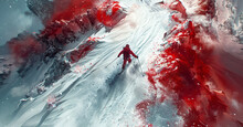 A Bird's Eye View Of A Skier In A Snowy Snow Covered Field, In The Style Of Red, Photo-realistic Landscapes