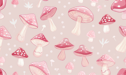 Wall Mural - whimsical hand drawn mushroom pattern on a pastel pink background