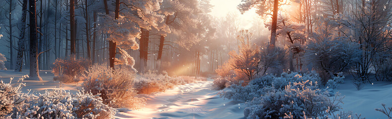 Poster - a winter scene with tall trees and snow, in the style of light pink and light orange