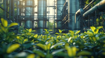 Foliage foregrounds steel structures, a contrast of growth and metal