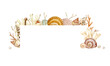 Banner made of watercolor shells, corals, algae and other marine finds