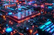A detailed view of a circuit board with illuminated pathways and electronic components, symbolizing complex technology and data processing. Generative AI