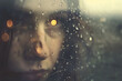 Contemplative Gaze Through Rain-Speckled Window, A Moment of Reflection Amidst Urban Life