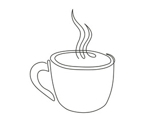 Wall Mural - Line art of a hot cup with steam. Coffee or tea mug. Continuous one line drawing. Isolated on white backdrop. Design element for print, postcard, scrapbooking. Concept of hot beverage, drink.