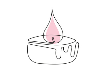 Wall Mural - Tea light candle with pink flame. Burning decorative aromatic candle. Continuous one line drawing. Line art. Isolated on white background. Design element for print, scrapbooking, greeting, postcard.