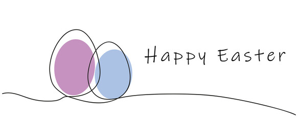 Sticker - Line drawing of colorful Easter eggs with greeting Happy Easter. Continuous one line drawing. Isolated on white backdrop. Perfect for print, greeting, postcard
