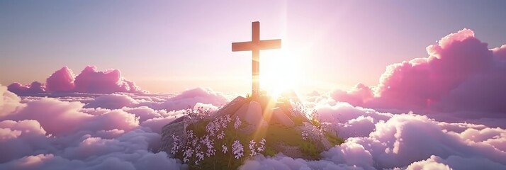 Wall Mural - Dramatic holy cross symbolizing jesus christ s resurrection under light and clouds at golgotha hill.