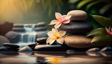 Zen Stones And Bamboo On The Water Lined With Spa Pebbles And Plumeria Flowers. Generative AI,