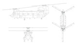 Fototapeta Dinusie - Military transport helicopter. Isolated outline drawing of armed copter. Top, front and side views. Line clipart. Industrial blueprint of war force aviation. Army cargo vehicle