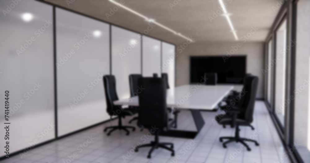 Meeting room interior with a long table surrounded by chairs. There is ...