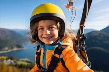 Poster - Little girl skydiver in helmet and orange jacket on mountain background